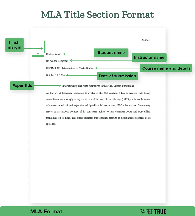 An MLA Style paper with labels indicating different formatting guidelines under the 9th edition.