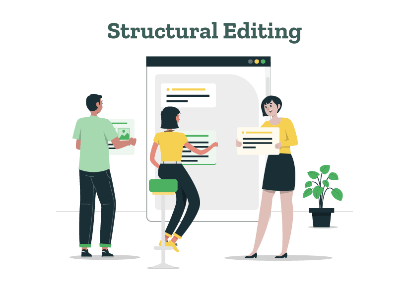 An editor is explaining what is structural editing to two other editors.