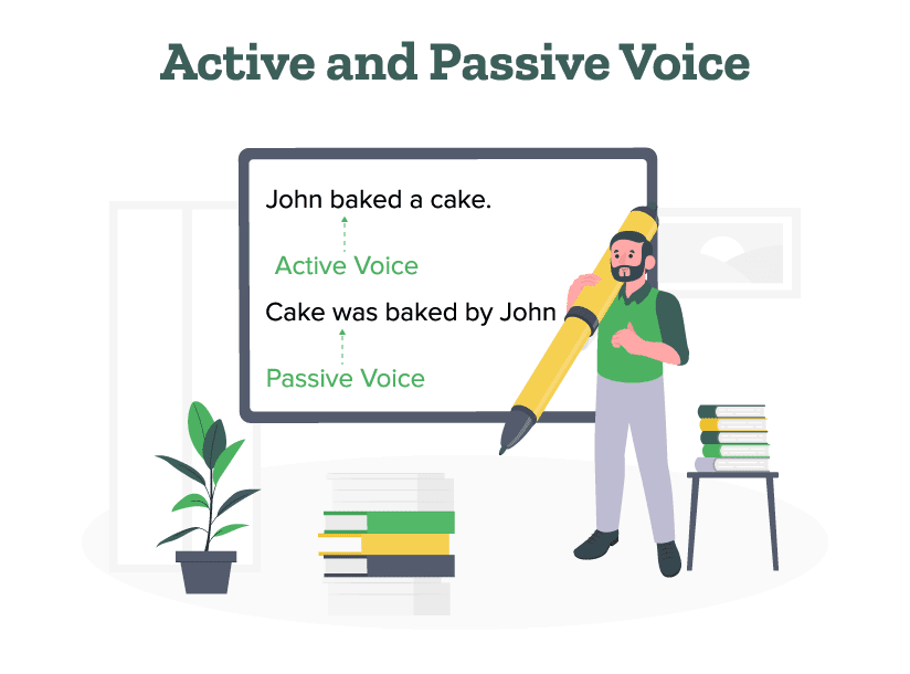 A teacher is teaching students about active and passive voice.